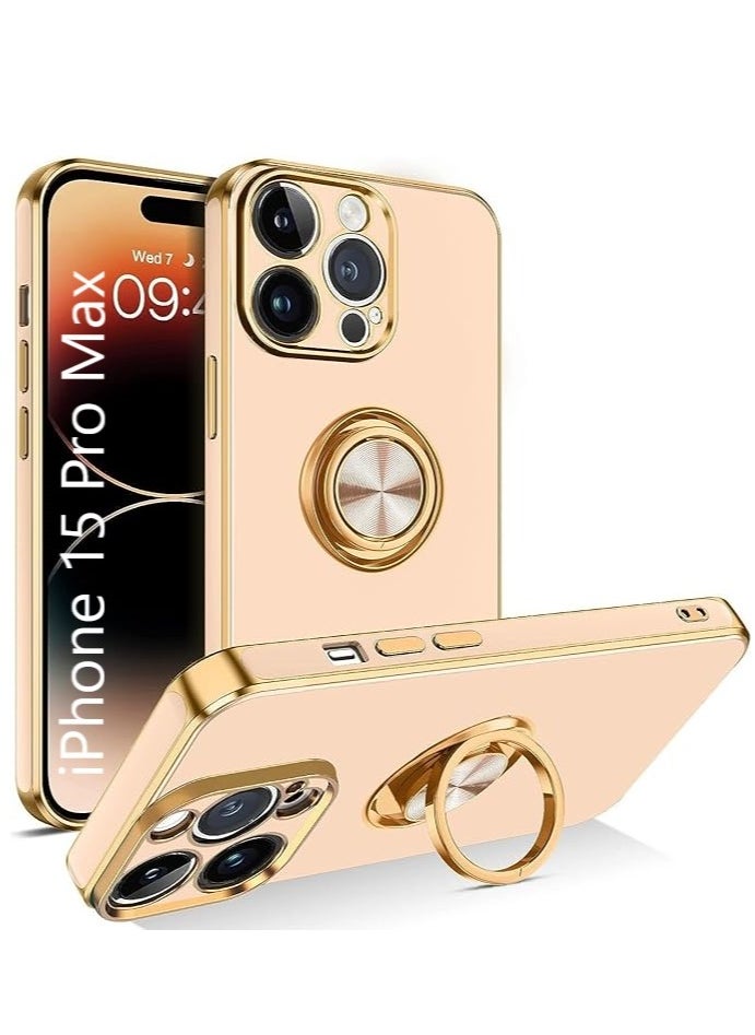 YoYoTech iPhone 15 Pro Max Soft Silicon Shockproof Luxury Gold Lining Case Rotatable Magnetic Ring Holder Kickstand Cover Full Camera Protection.  - Image 1