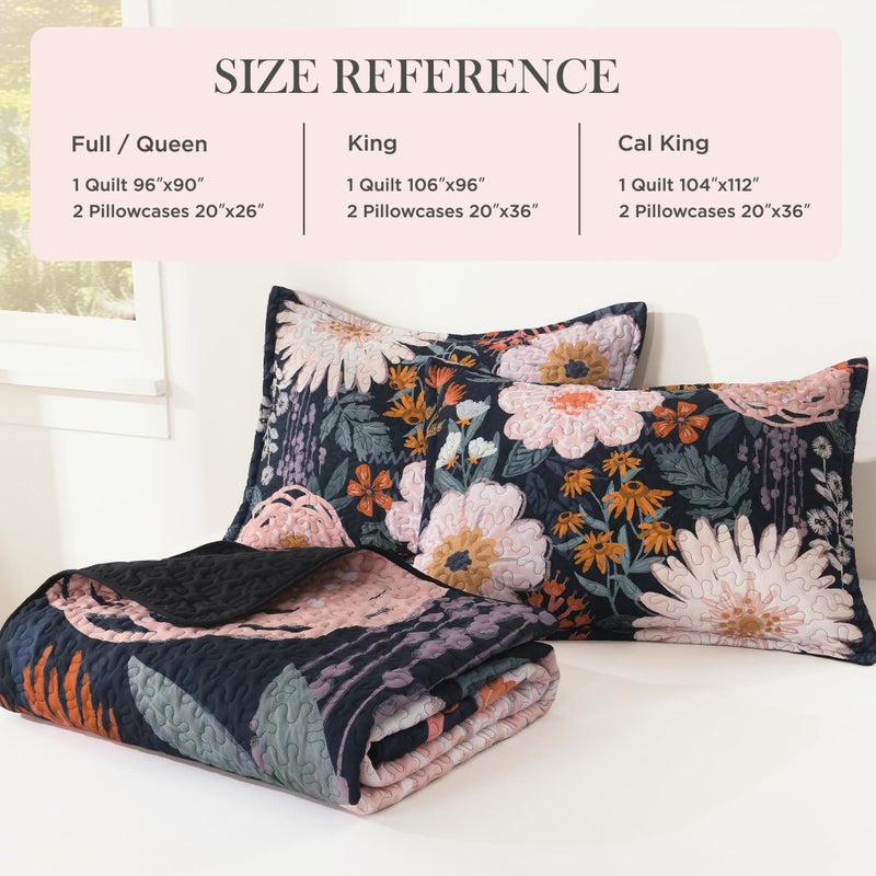 Andency Floral Boho Quilt King Size Bedding Set Navy Blush, 3 Pieces Farmhouse Flower Botanical Summer Bedspreads with 2 Shams, Soft Reversible Lightweight Microfiber Coverlet Set All Season, 106"x96" - Image 5