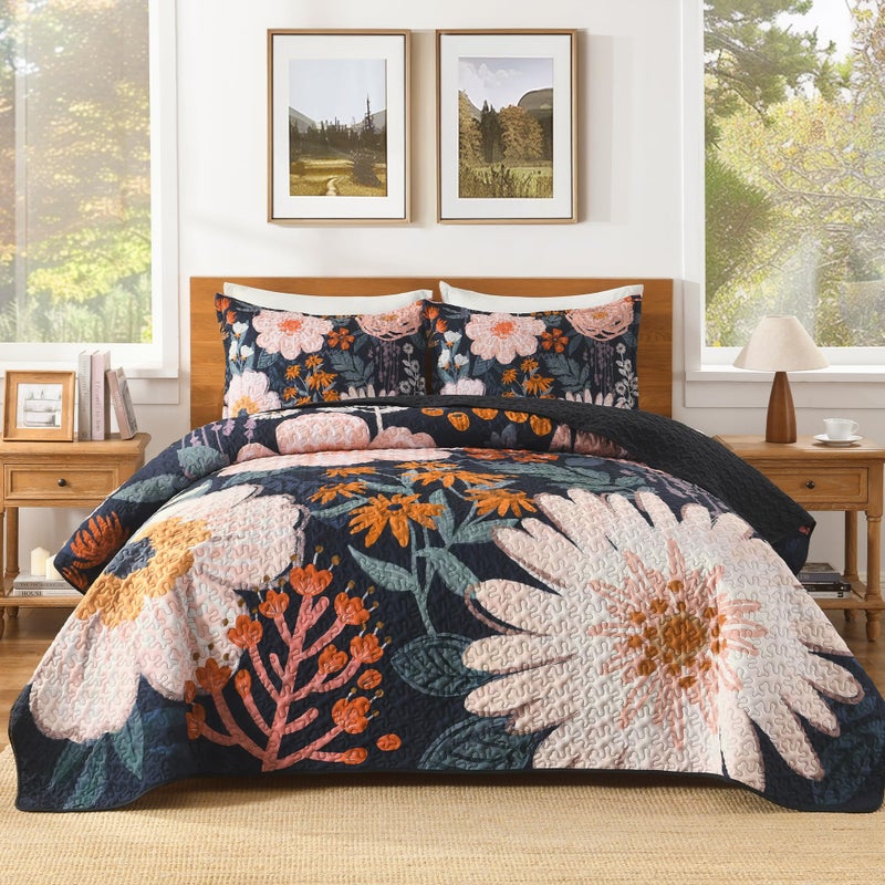 Andency Floral Boho Quilt King Size Bedding Set Navy Blush, 3 Pieces Farmhouse Flower Botanical Summer Bedspreads with 2 Shams, Soft Reversible Lightweight Microfiber Coverlet Set All Season, 106"x96" - Image 1
