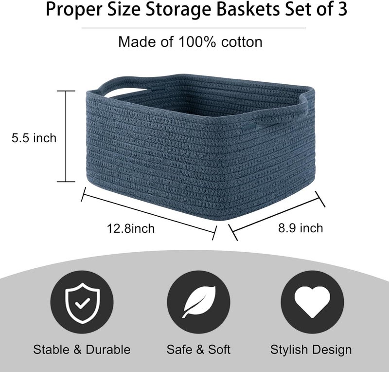 OIAHOMY Cotton Rope Woven Baskets for Storage, Nursery Rectangle Storage Basket with Handles for Shelves, Pack of 3, Blue - Image 3
