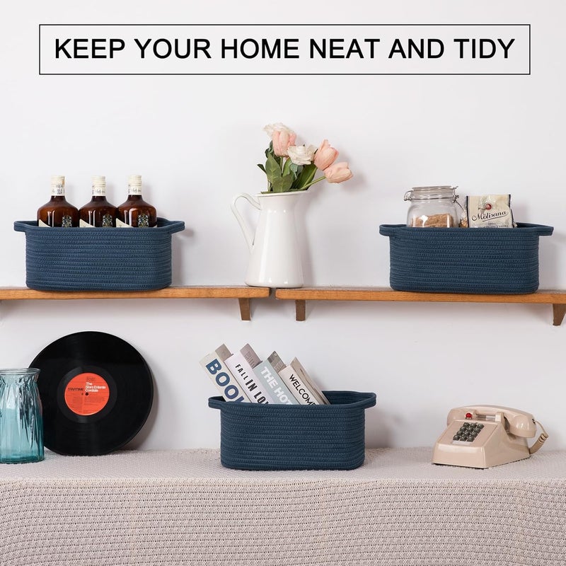 OIAHOMY Cotton Rope Woven Baskets for Storage, Nursery Rectangle Storage Basket with Handles for Shelves, Pack of 3, Blue - Image 2