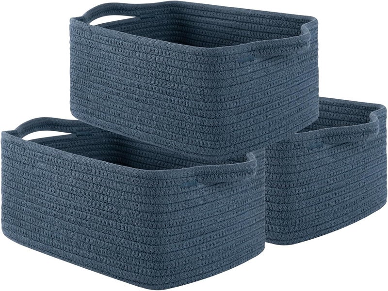 OIAHOMY Cotton Rope Woven Baskets for Storage, Nursery Rectangle Storage Basket with Handles for Shelves, Pack of 3, Blue - Image 1