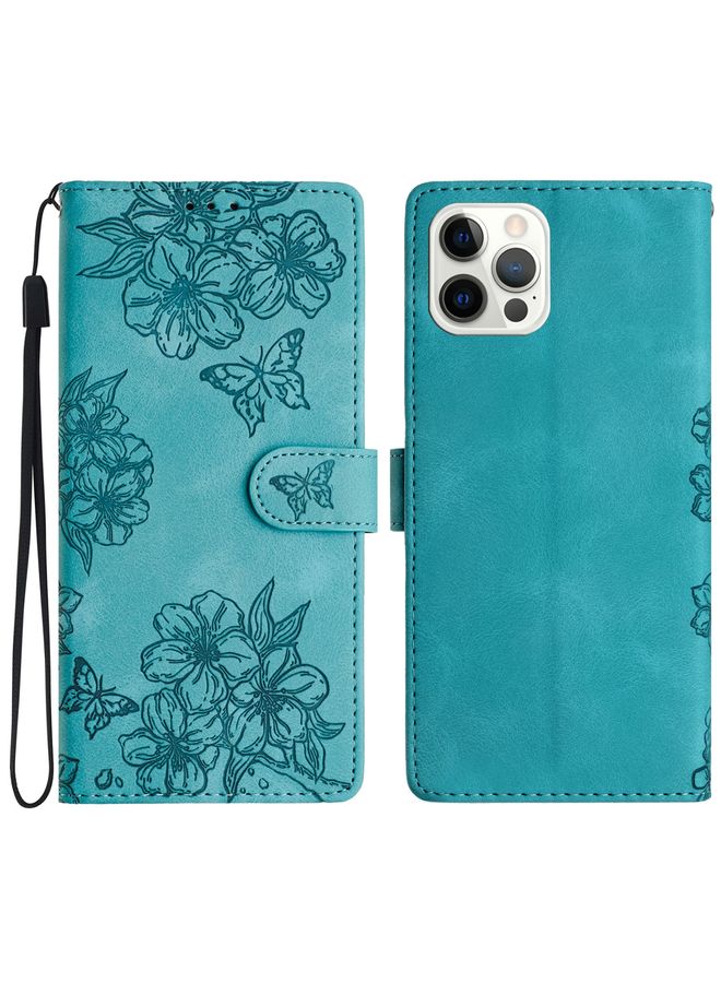 Case Cover For iPhone 12 Pro Cherry Blossom Butterfly Skin Feel Embossed PU Phone Case Green