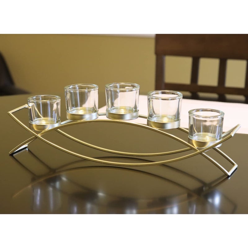 Seraphic Iron Arch Table Centerpiece Decorations Long Candle Holder for Weddings, Patio, Kitchen, Dining Room, and Coffee Tables, Gold, Clear Chunky 5 Cups - Image 2
