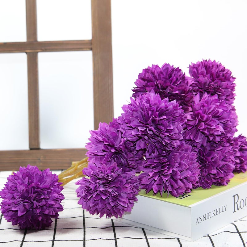 Tinsow 12 Pcs Artificial Flowers Purple Faux Ball Chrysanthemum Bouquet Flowers Wedding Bouquet for Home Garden Party Wedding Decoration - Image 2