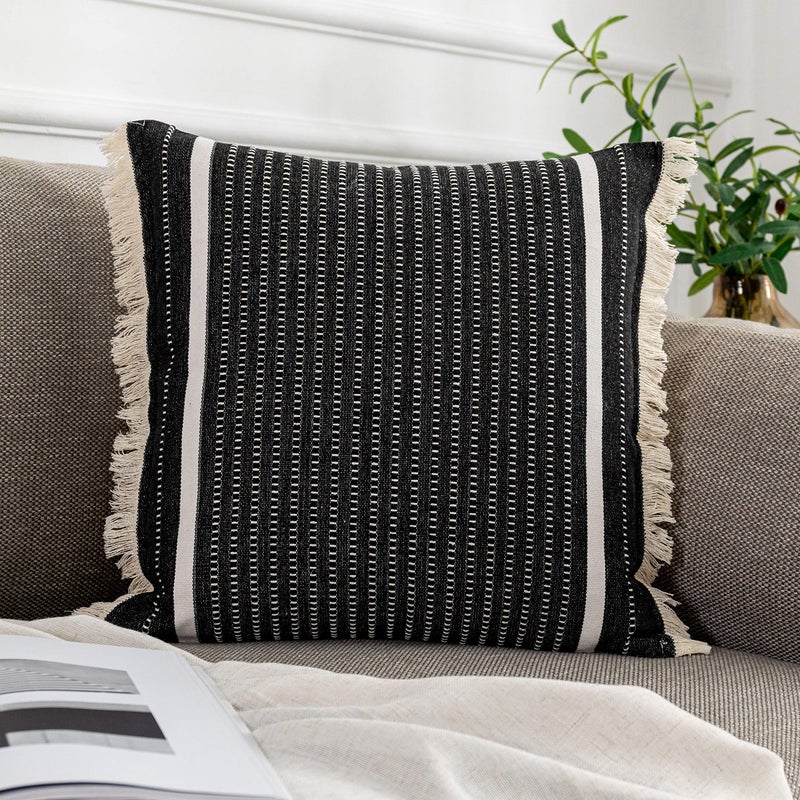 OJIA Modern Throw Pillow Cover with Tassels Decorative Liana Fringe Accent Cushion Case Farmhouse Woven Pillowcase for Sofa Chair Couch Bed Decor Lumbar 18 x 18 Inches Black