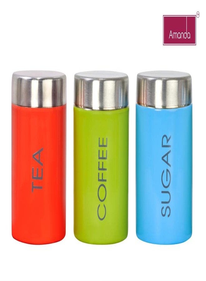Amanda Premium Stainless Steel Tea, Sugar & Coffee Container Set | Color Coated, Printed Round Shape | Food Grade Storage Jars | Airtight, Durable | Set of 3 (Tea, Sugar, Coffee Jars) | 750ml Each - Image 2
