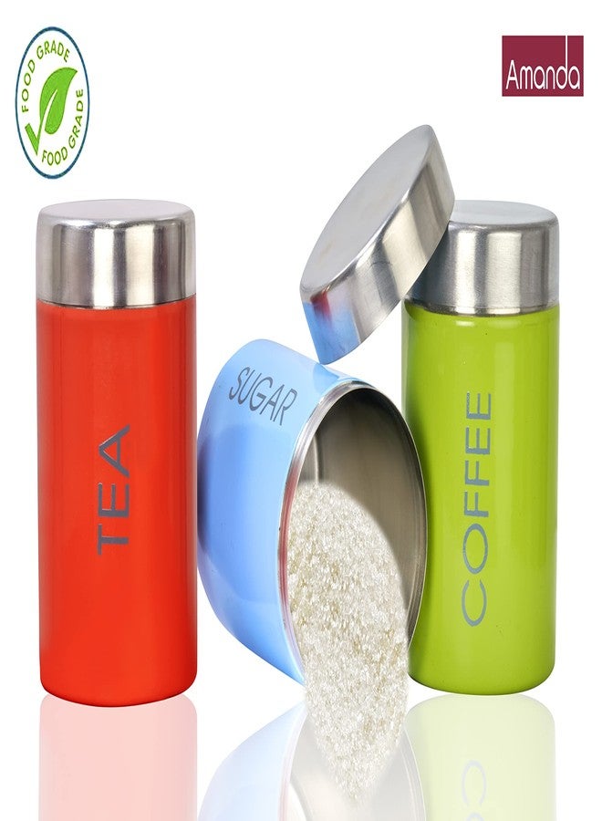 Amanda Premium Stainless Steel Tea, Sugar & Coffee Container Set | Color Coated, Printed Round Shape | Food Grade Storage Jars | Airtight, Durable | Set of 3 (Tea, Sugar, Coffee Jars) | 750ml Each - Image 4