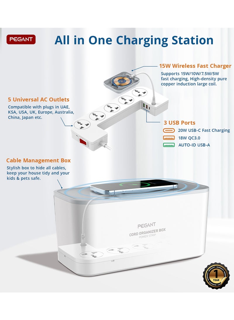 PEGANT - 3 in 1 USB-C Power Extension Box with 15W Wireless Charger, 5 Universal Outlets, 20W USB-C, and 2 USB-A, 2M Cable - Image 1