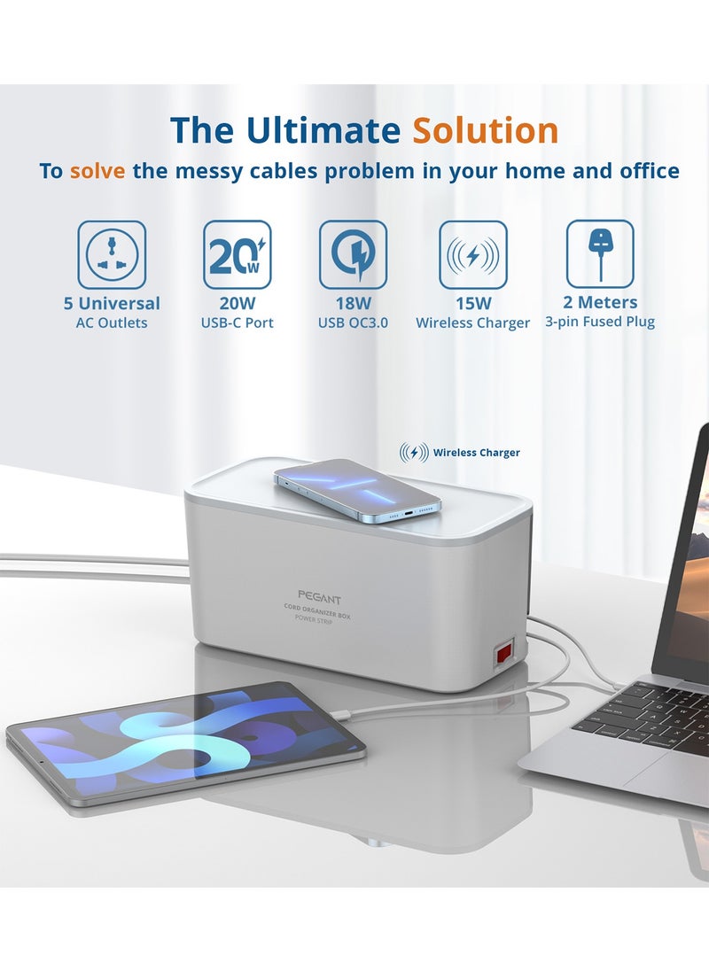 PEGANT - 3 in 1 USB-C Power Extension Box with 15W Wireless Charger, 5 Universal Outlets, 20W USB-C, and 2 USB-A, 2M Cable - Image 1