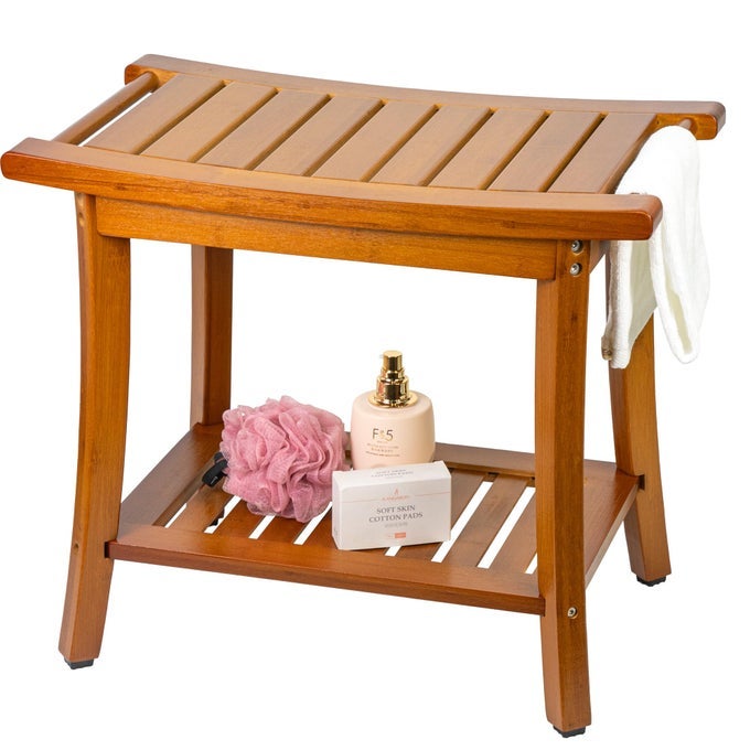 BAMBOO SHOWER BENCH WITH STORAGE WOOD SHOWER STOOL WITH HANDLES BATHROOM SEAT FOR TOWELS SPA INSIDE SHOWER BROWN FINISH