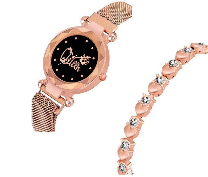 CERO Queen Black Dial Magnet Analog Watch with Sweet Heart Bracelet Combo for Women (Rose Gold) - Pack of 3 - Image 3