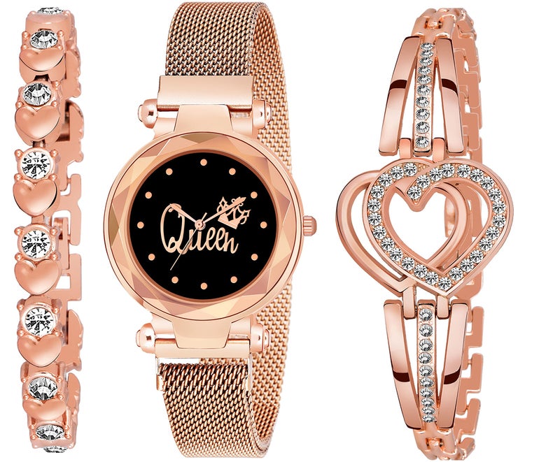 CERO Queen Black Dial Magnet Analog Watch with Sweet Heart Bracelet Combo for Women (Rose Gold) - Pack of 3 - Image 5