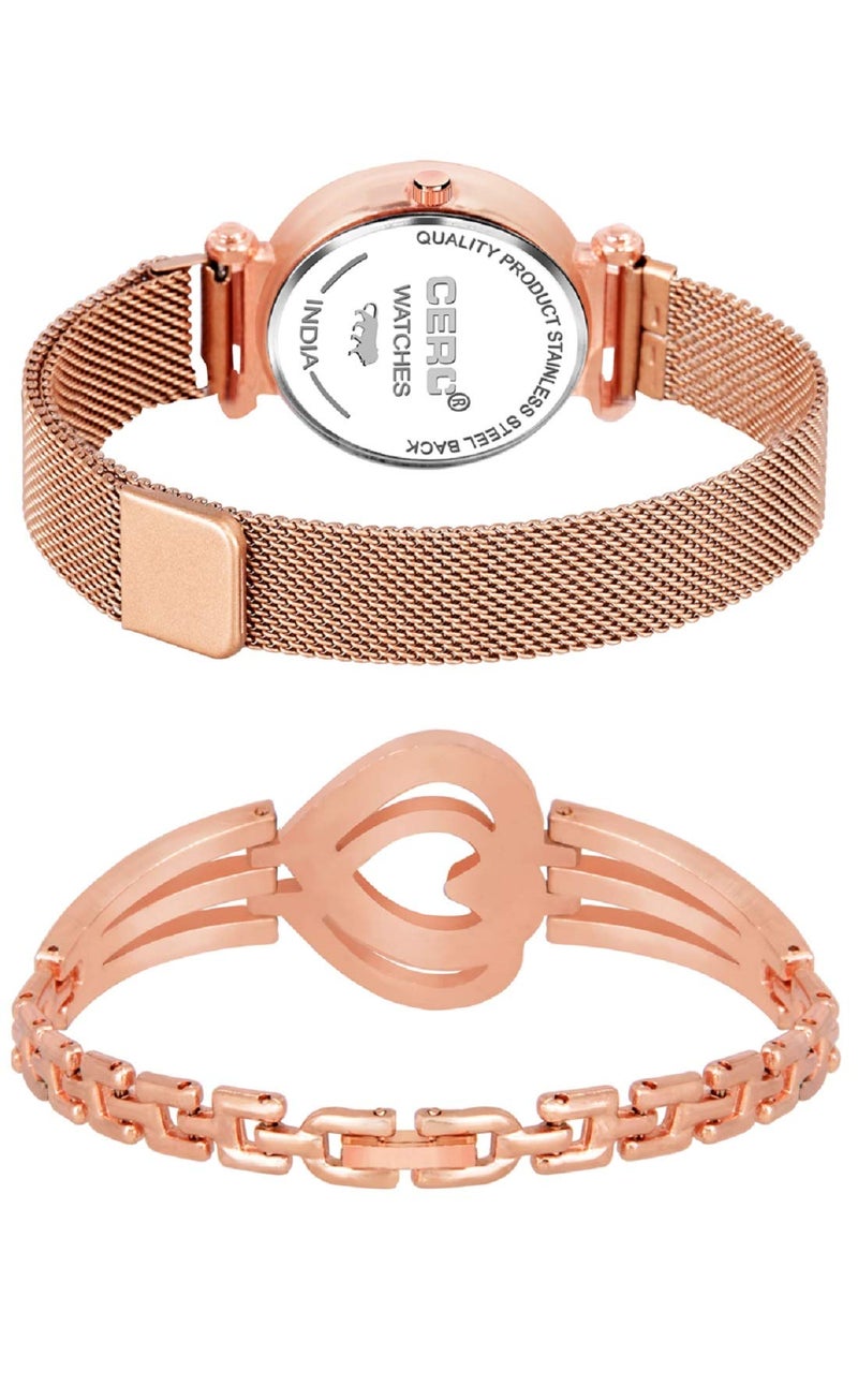 CERO Queen Black Dial Magnet Analog Watch with Sweet Heart Bracelet Combo for Women (Rose Gold) - Pack of 3 - Image 2