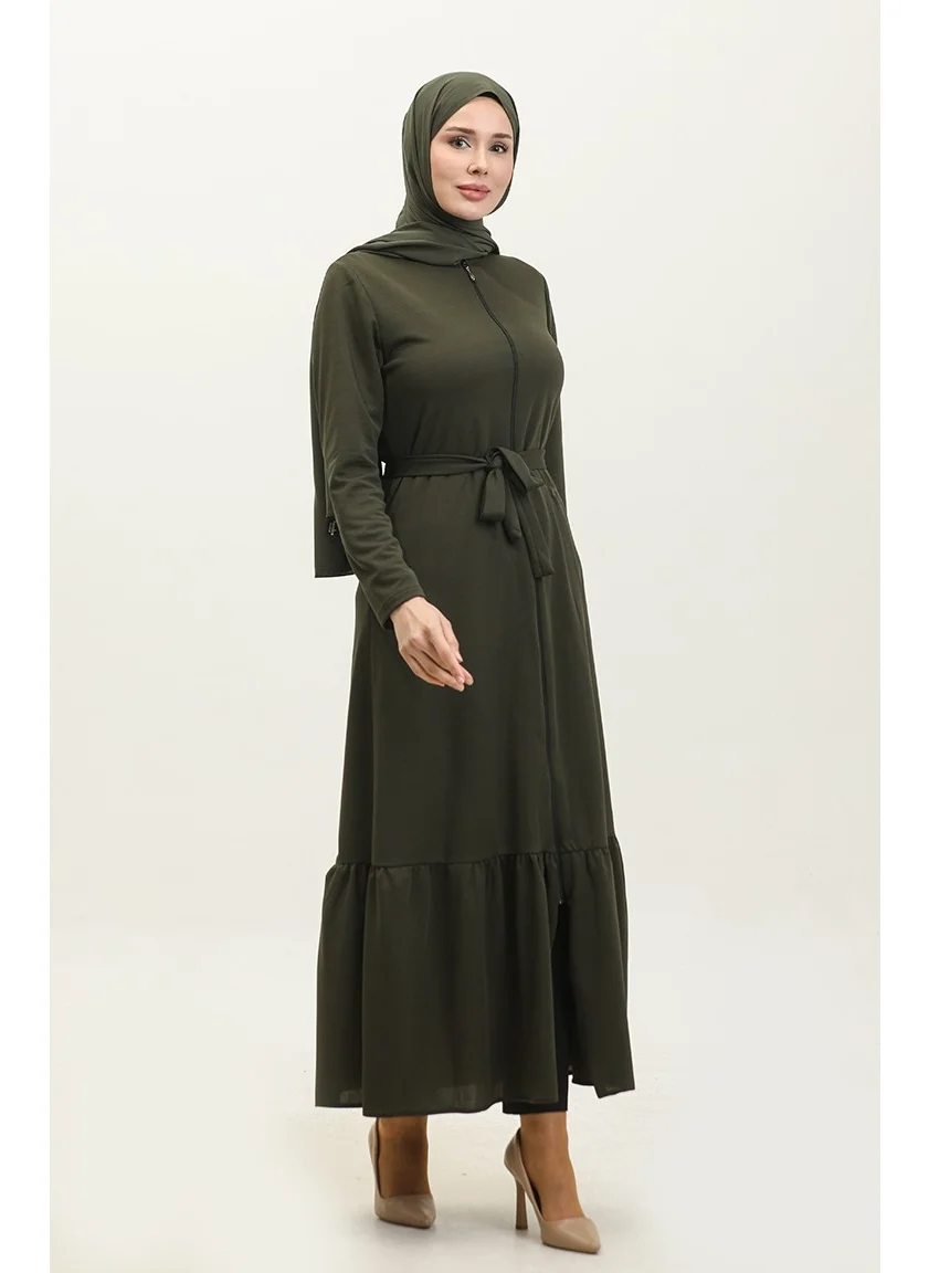 Sefa Merve Pleated Belted Abaya 0703-03 Khaki