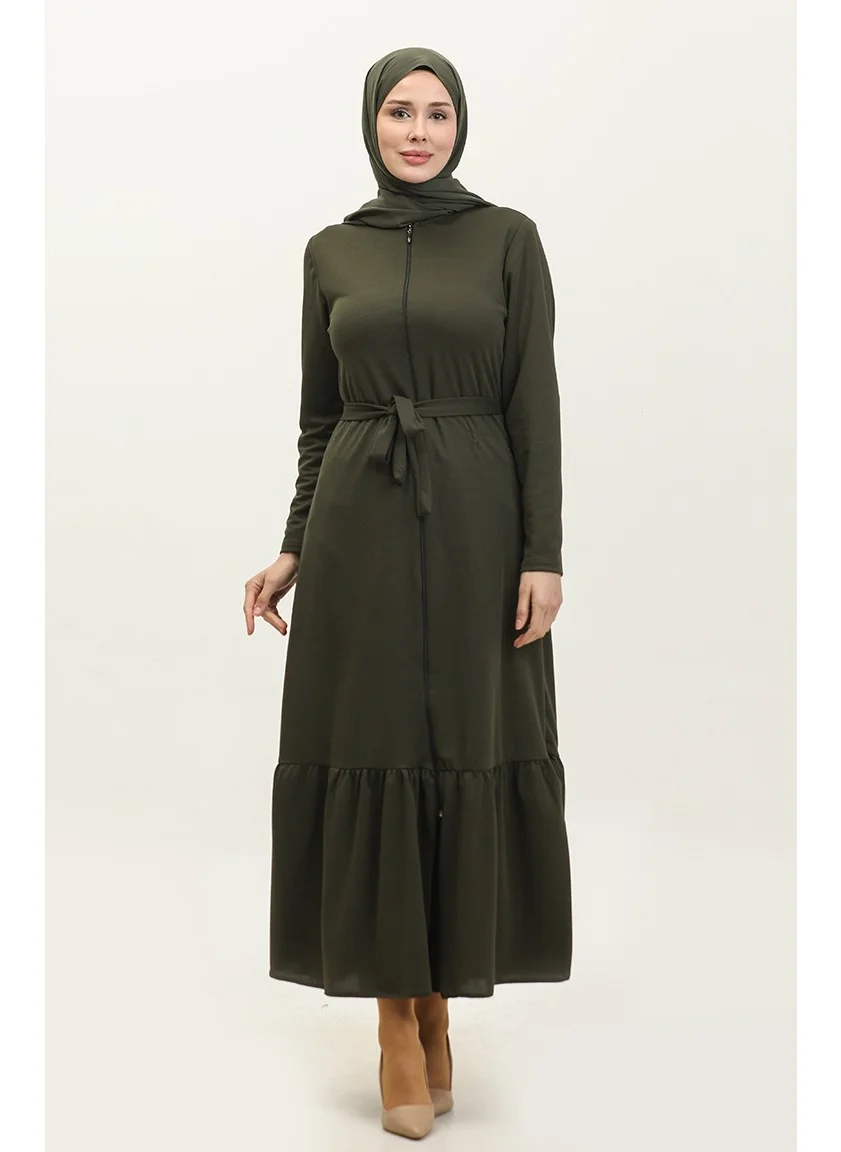 Sefa Merve Pleated Belted Abaya 0703-03 Khaki