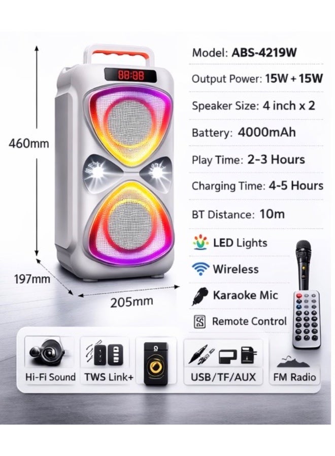 Portable Wireless Party Speaker with LED Lights, Karaoke Microphone & Remote Control – Model ABS-4219W - Image 4