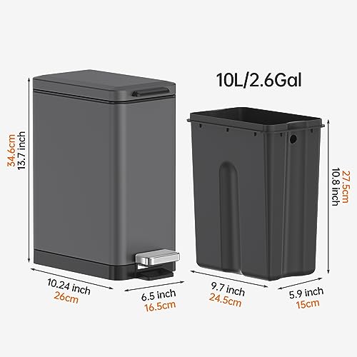 Mbillion Bathroom Trash Can with Lid Slim Stainless Steel Small Bathroom Garbage Can 10 Liter, 2.6 Gallon Soft Close, Step Pedal, Slim Wastebasket for Toilet, Office, Bedroom,Dark Grey - Image 3