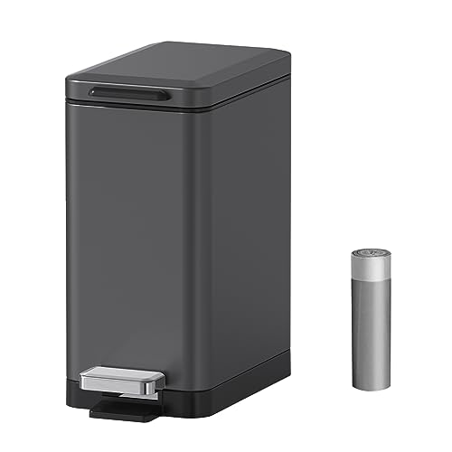 Mbillion Bathroom Trash Can with Lid Slim Stainless Steel Small Bathroom Garbage Can 10 Liter, 2.6 Gallon Soft Close, Step Pedal, Slim Wastebasket for Toilet, Office, Bedroom,Dark Grey - Image 1