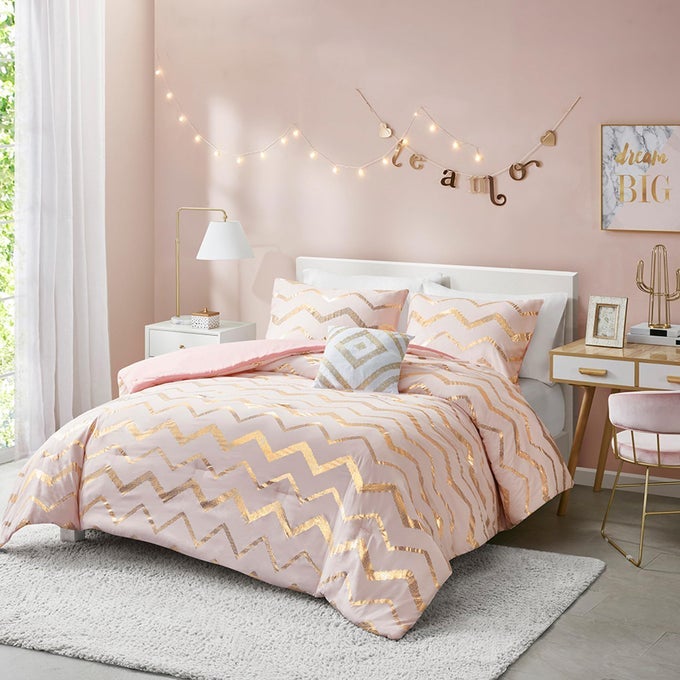 TEEN GIRL BEDDING COMFY GIRLS COMFORTER SETS FULL QUEEN SIZE FOR KIDS BEDROOM PINK AND GOLD 4 PIECE FOR TEENAGERS ALL SEASONS WARM