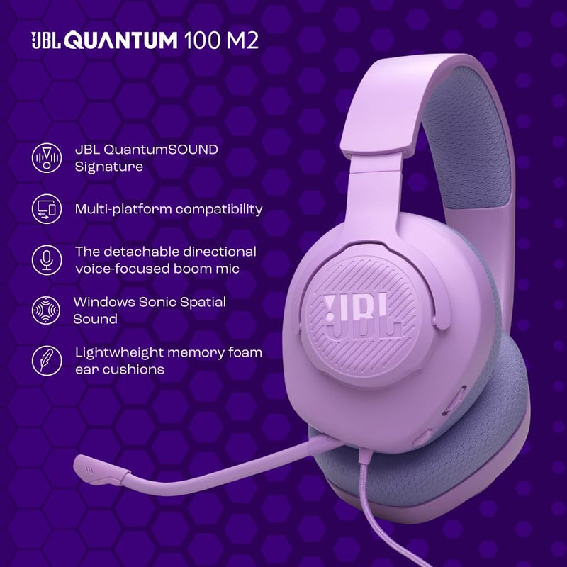 JBL Quantum 100M2 Wired Gaming Headphones, Supports Windows sonic spatial audio,40mm Realistic Dynamic Drivers, Omnidirectional Detachable Mic, Breathable Memory Foam cushions, PC/Xbox/PS/3.5mm-Purple - Image 2