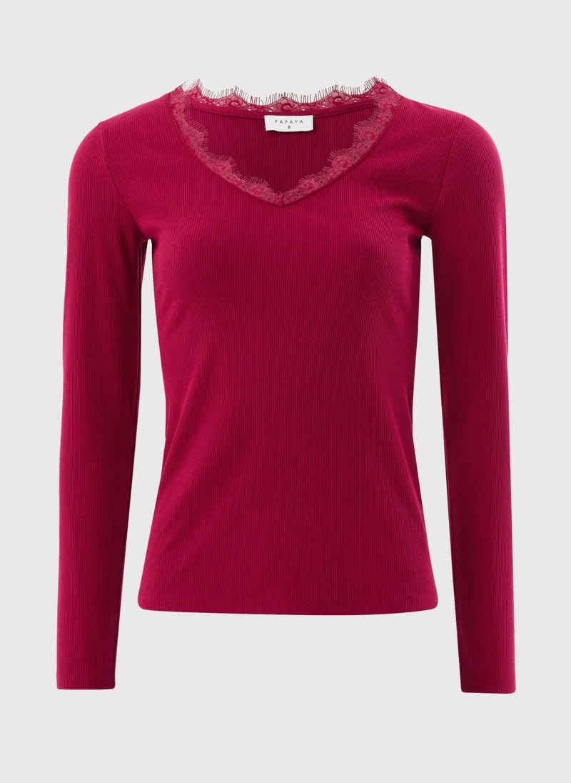 Matalan Red Lace Trim Long Sleeve Top