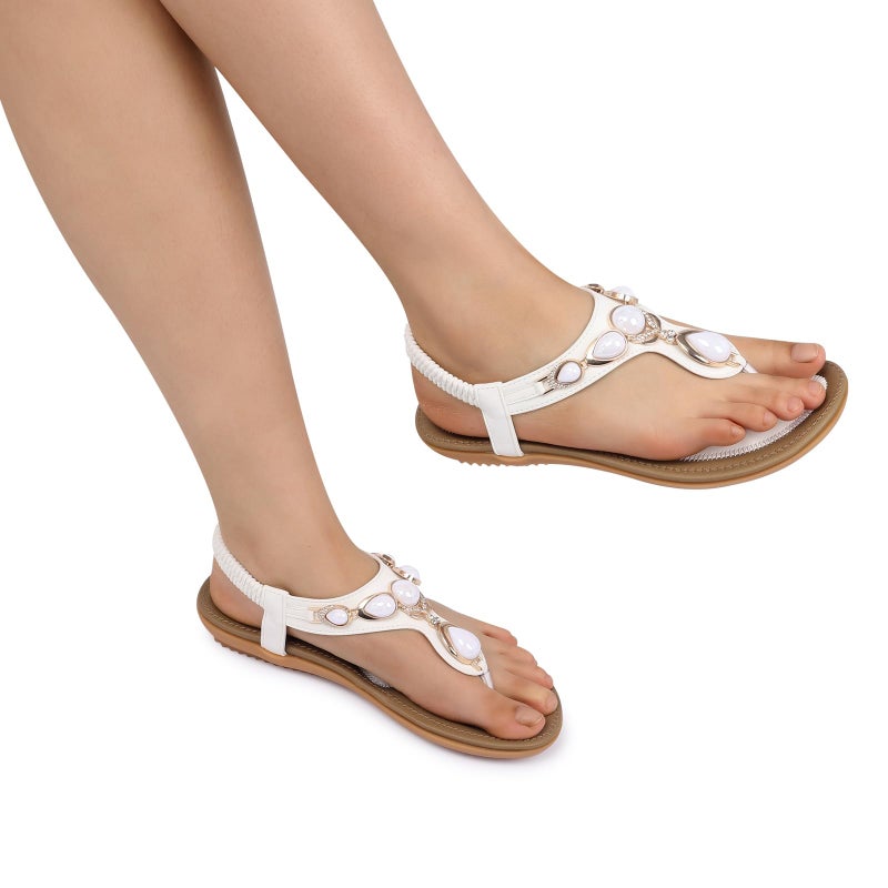 SHIBEVER Flat Sandals for Women Dressy: White Size 7 Bohemian Summer Sandals - Comfortable Walking Slip on Womens Flats Sandal - Image 2