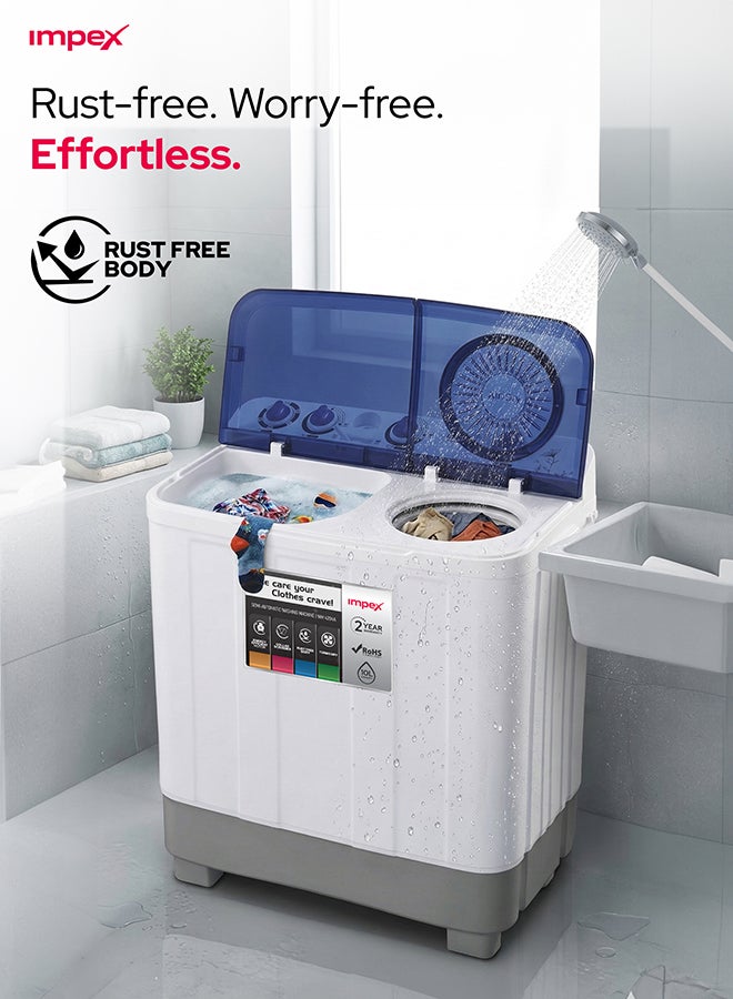 Impex 10 Kg Semi Automatic Washing Machine, Air Turbo & Turbo Dry, Transparent Blue Lid, Rust Free Strong Body, Low Noise Energy Efficient Motor, Handwash Design, Soak Function, High Clean Ratio, 6.5 Kg Spin Capacity, 380W Wash Power, Cleaning Cloths Dresses, 2 Year Warranty - White & Grey Body, WM 4202 10 kg 380 W WM 4202 White/Blue/Grey - Image 2