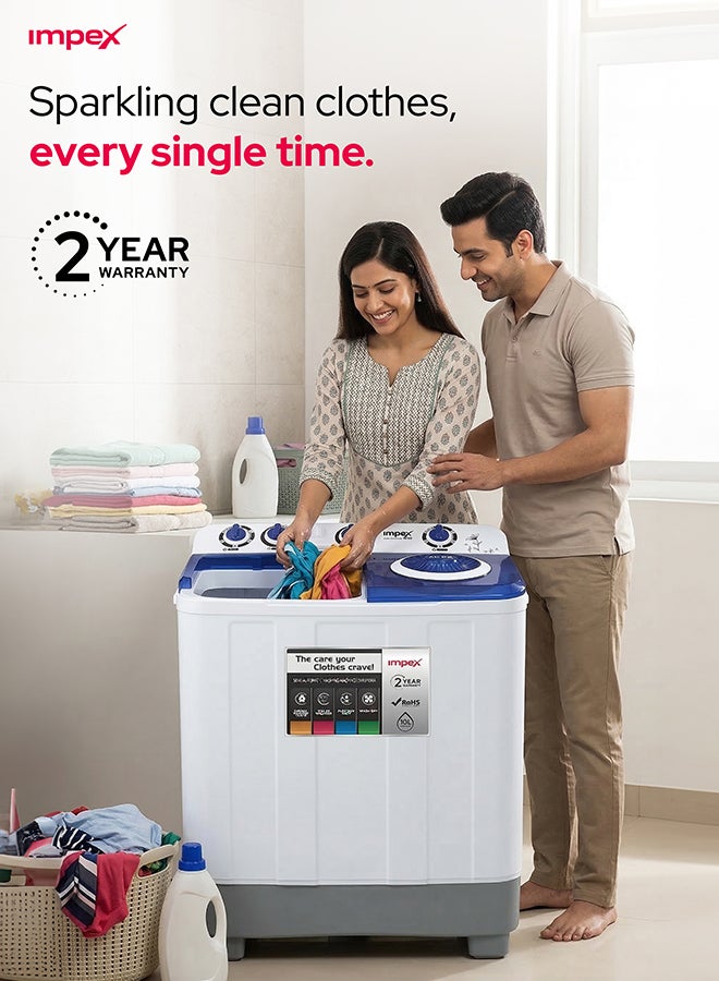 Impex 10 Kg Semi Automatic Washing Machine, Air Turbo & Turbo Dry, Transparent Blue Lid, Rust Free Strong Body, Low Noise Energy Efficient Motor, Handwash Design, Soak Function, High Clean Ratio, 6.5 Kg Spin Capacity, 380W Wash Power, Cleaning Cloths Dresses, 2 Year Warranty - White & Grey Body, WM 4202 10 kg 380 W WM 4202 White/Blue/Grey - Image 5