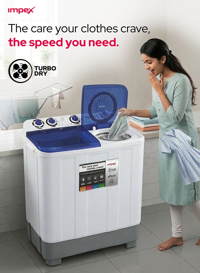 Impex 10 Kg Semi Automatic Washing Machine, Air Turbo & Turbo Dry, Transparent Blue Lid, Rust Free Strong Body, Low Noise Energy Efficient Motor, Handwash Design, Soak Function, High Clean Ratio, 6.5 Kg Spin Capacity, 380W Wash Power, Cleaning Cloths Dresses, 2 Year Warranty - White & Grey Body, WM 4202 10 kg 380 W WM 4202 White/Blue/Grey - Image 4