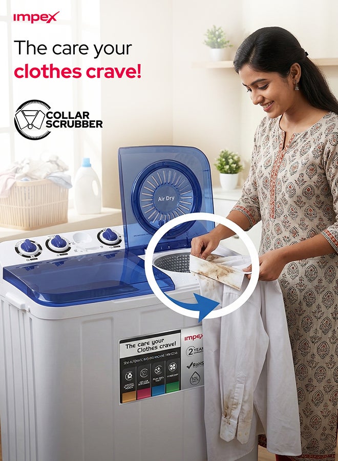 Impex 10 Kg Semi Automatic Washing Machine, Air Turbo & Turbo Dry, Transparent Blue Lid, Rust Free Strong Body, Low Noise Energy Efficient Motor, Handwash Design, Soak Function, High Clean Ratio, 6.5 Kg Spin Capacity, 380W Wash Power, Cleaning Cloths Dresses, 2 Year Warranty - White & Grey Body, WM 4202 10 kg 380 W WM 4202 White/Blue/Grey - Image 3
