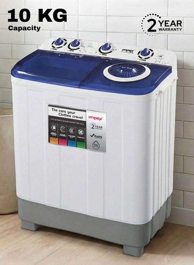 Impex 10 Kg Semi Automatic Washing Machine, Air Turbo & Turbo Dry, Transparent Blue Lid, Rust Free Strong Body, Low Noise Energy Efficient Motor, Handwash Design, Soak Function, High Clean Ratio, 6.5 Kg Spin Capacity, 380W Wash Power, Cleaning Cloths Dresses, 2 Year Warranty - White & Grey Body, WM 4202 10 kg 380 W WM 4202 White/Blue/Grey - Image 1