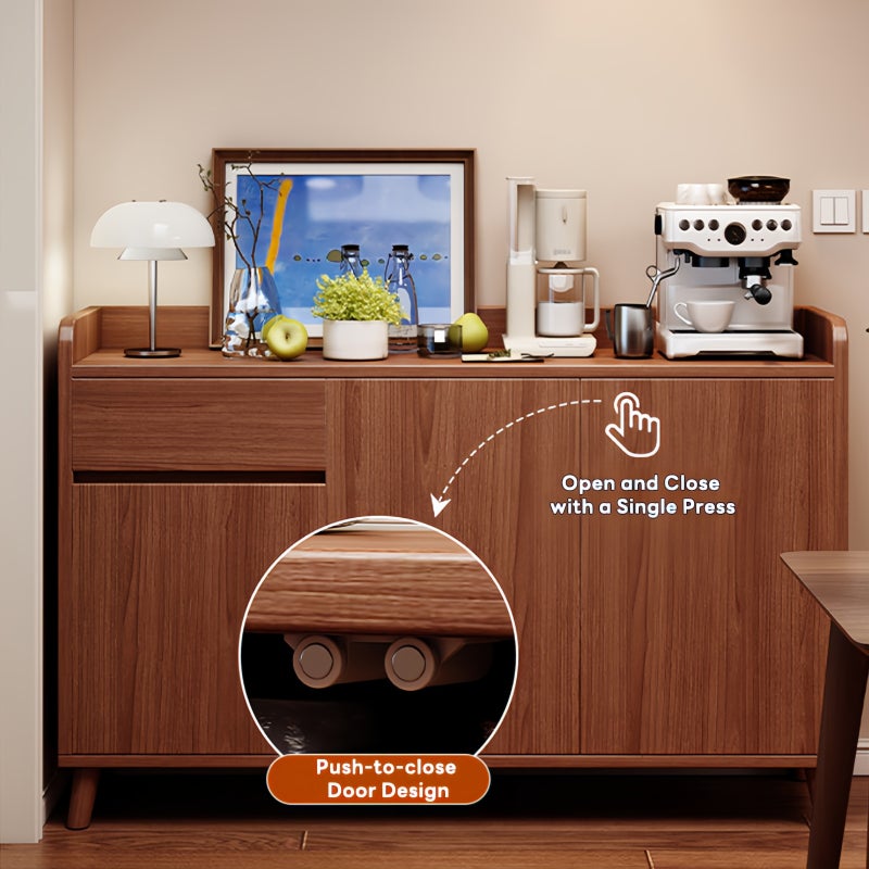 شاربدو Upgrade your home storage and aesthetic with this mid-century modern solid wood sideboard. Measuring 100x32x100CM， it features a sleek push-to-open door design for a seamless， handle-free look， paired with a top drawer and two cabinet doors to keep tableware， kitchen essentials， and household items organized. Crafted from durable natural wood with a warm finish， this piece blends minimalist lines and tapered legs to complement contemporary， rustic， or mid-century decor. Whether used as a dining buffet， living room console， or entryway storage unit， it offers functional elegance while decluttering your space. - Image 5