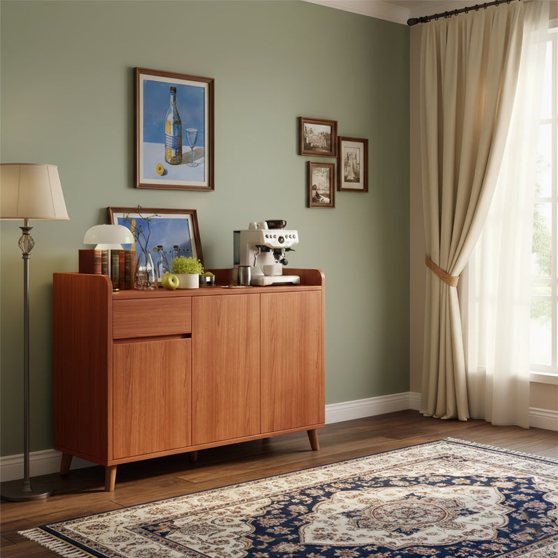 شاربدو Upgrade your home storage and aesthetic with this mid-century modern solid wood sideboard. Measuring 100x32x100CM， it features a sleek push-to-open door design for a seamless， handle-free look， paired with a top drawer and two cabinet doors to keep tableware， kitchen essentials， and household items organized. Crafted from durable natural wood with a warm finish， this piece blends minimalist lines and tapered legs to complement contemporary， rustic， or mid-century decor. Whether used as a dining buffet， living room console， or entryway storage unit， it offers functional elegance while decluttering your space. - Image 2