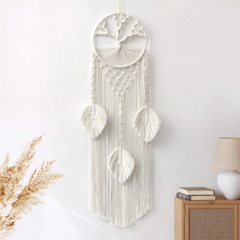 LOMOHOO Tree of Life Macrame Wall Hanging, Boho Dream Catcher with Feather Leaf, Bohemian Decor for Wedding Parties, Bedroom, Children's Room, Cafe, Gypsy Style