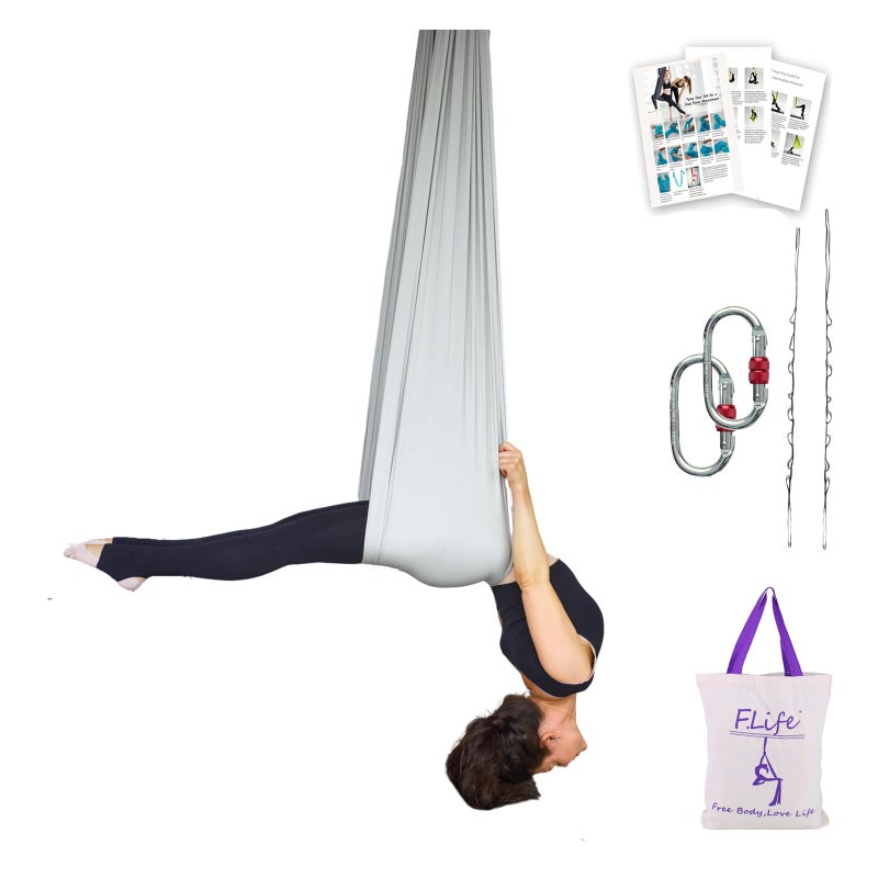Flife Aerial Yoga Hammock 5.6 Yards Premium Silk Fabric Swing for AntigravityInversion Include Daisy Chain,Carabiner and Pose Guide (Sliver) - Image 1