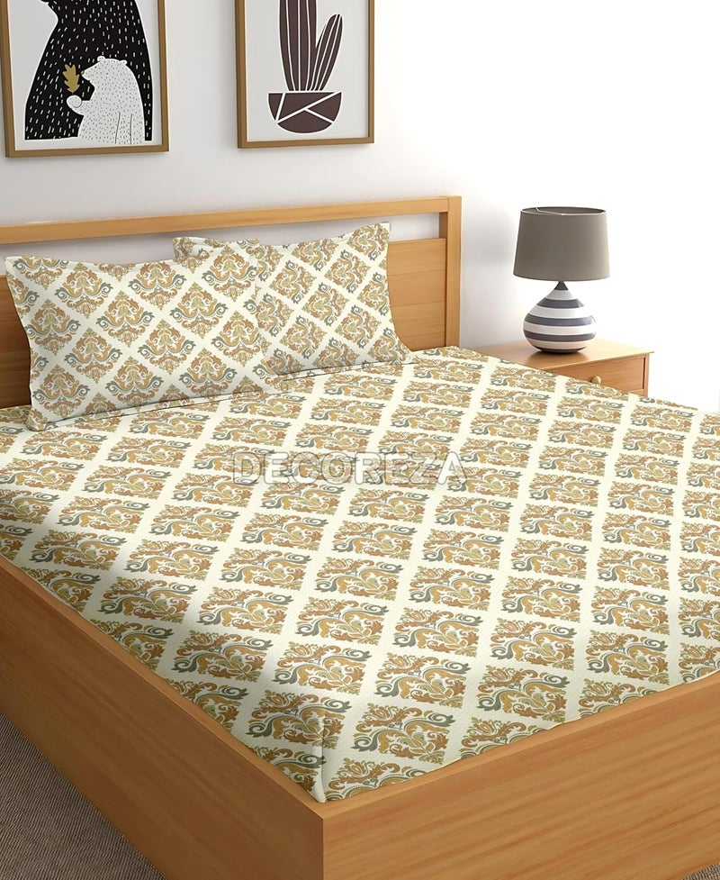 DECOREZA 350 TC Queen Size Elastic Fitted Bedsheet with Deep Pocket Cotton Feel Bed Sheet for Double Bed, Soft, Breathable & Wrinkle-Resistant, Includes 2 Pillow Covers, Size - 60"x78" Leafy Leafs - Image 1