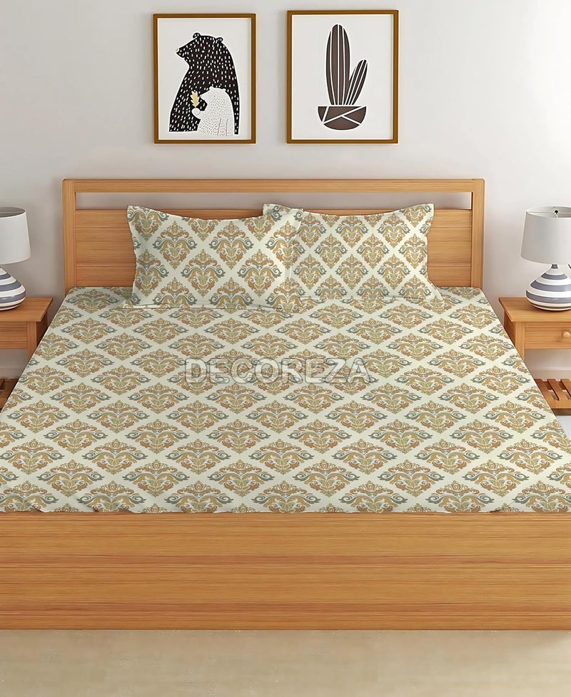 DECOREZA 350 TC Queen Size Elastic Fitted Bedsheet with Deep Pocket Cotton Feel Bed Sheet for Double Bed, Soft, Breathable & Wrinkle-Resistant, Includes 2 Pillow Covers, Size - 60"x78" Leafy Leafs - Image 2