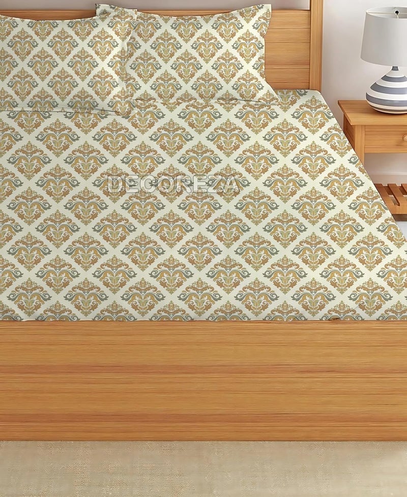 DECOREZA 350 TC Queen Size Elastic Fitted Bedsheet with Deep Pocket Cotton Feel Bed Sheet for Double Bed, Soft, Breathable & Wrinkle-Resistant, Includes 2 Pillow Covers, Size - 60"x78" Leafy Leafs - Image 3