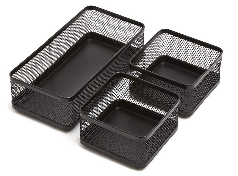 1InTheOffice Desk Baskets and Organizers Tray, Black Mesh Tray, Black Wire Mesh, 3-Compartment Stackable - Image 1