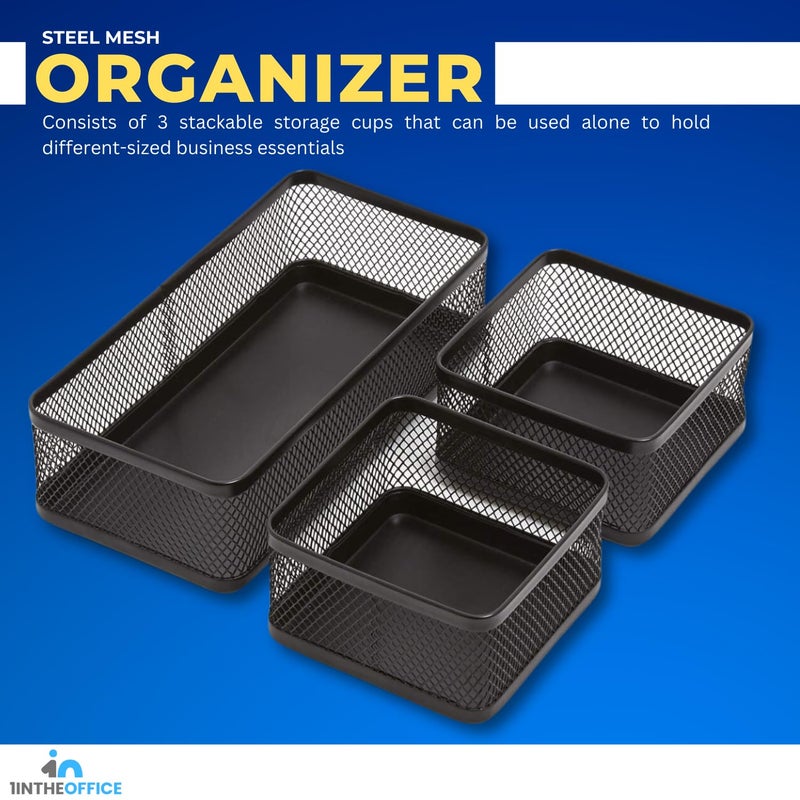 1InTheOffice Desk Baskets and Organizers Tray, Black Mesh Tray, Black Wire Mesh, 3-Compartment Stackable - Image 5