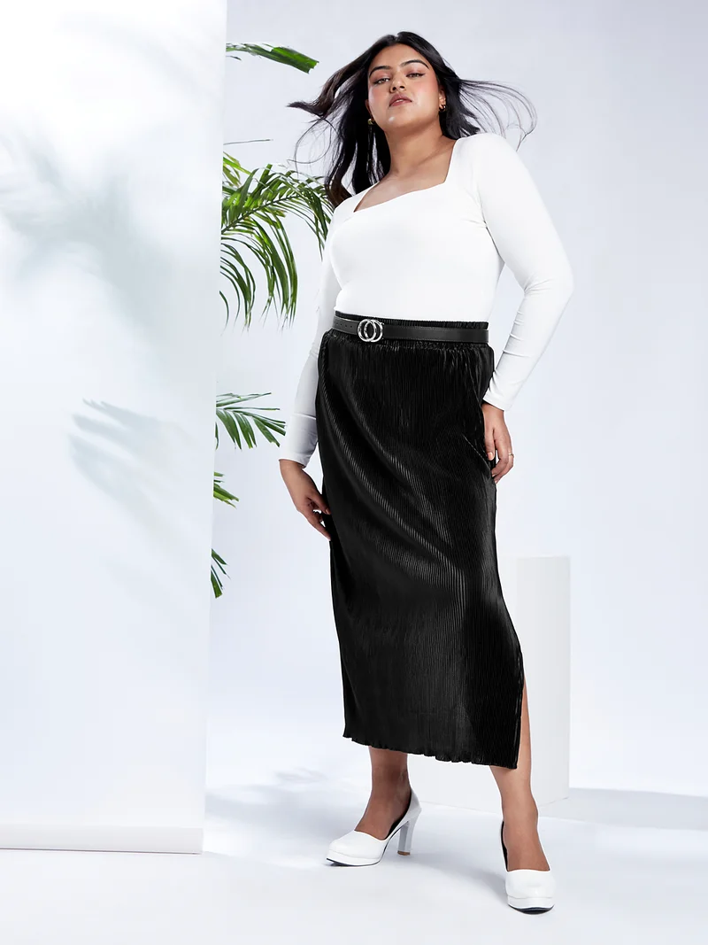 جلو باص جوب جلوبلس نسائي أسود بخصر متوسط وطيات جانبية وفتحات جانبية مقاس كبير تنورة ماكسي مستقيمة