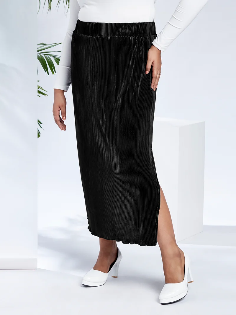 جلو باص جوب جلوبلس نسائي أسود بخصر متوسط وطيات جانبية وفتحات جانبية مقاس كبير تنورة ماكسي مستقيمة