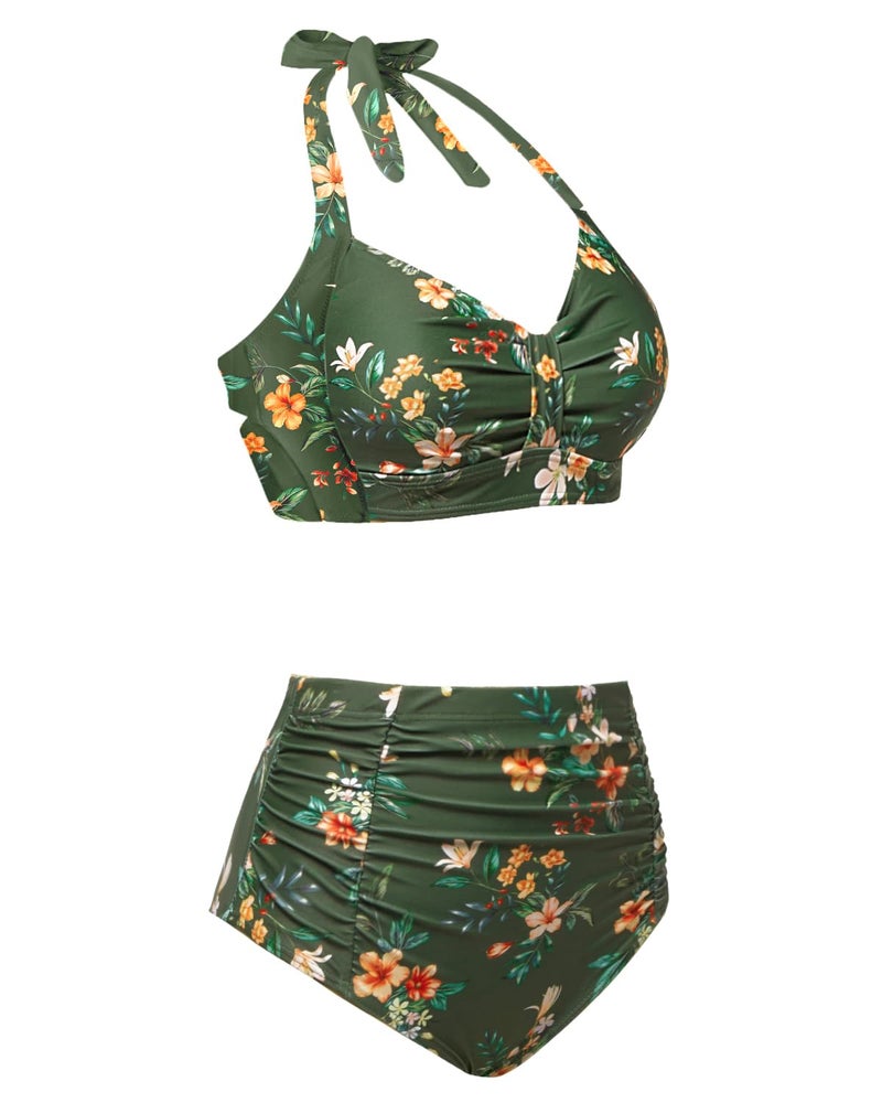 Holipick Green Flowers Women High Waisted Bikini Set Two Piece Swimsuit Tummy Control Bathing Suit Vintage Halter Swimwear M - Image 4