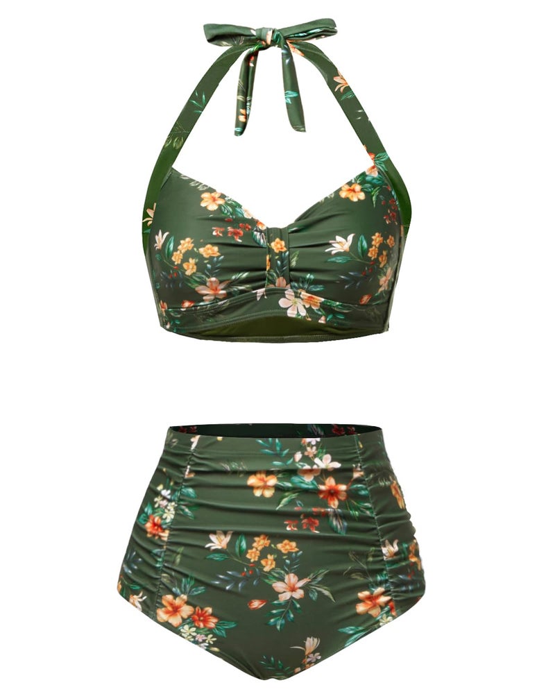 Holipick Green Flowers Women High Waisted Bikini Set Two Piece Swimsuit Tummy Control Bathing Suit Vintage Halter Swimwear M - Image 1