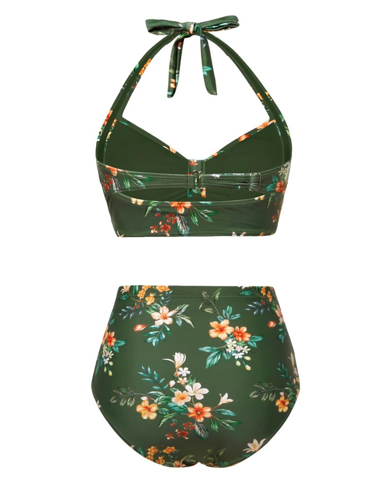 Holipick Green Flowers Women High Waisted Bikini Set Two Piece Swimsuit Tummy Control Bathing Suit Vintage Halter Swimwear M - Image 5