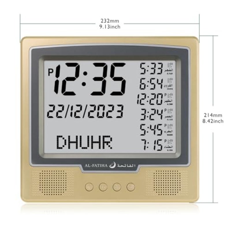 Azan LED Prayer Wall Clock 1 piece for Home/Office/Mosque - Digital Athan Read Clock, Gold Metal Frame, Time Prayer Timing Accuracy, Gold-1 - Image 2