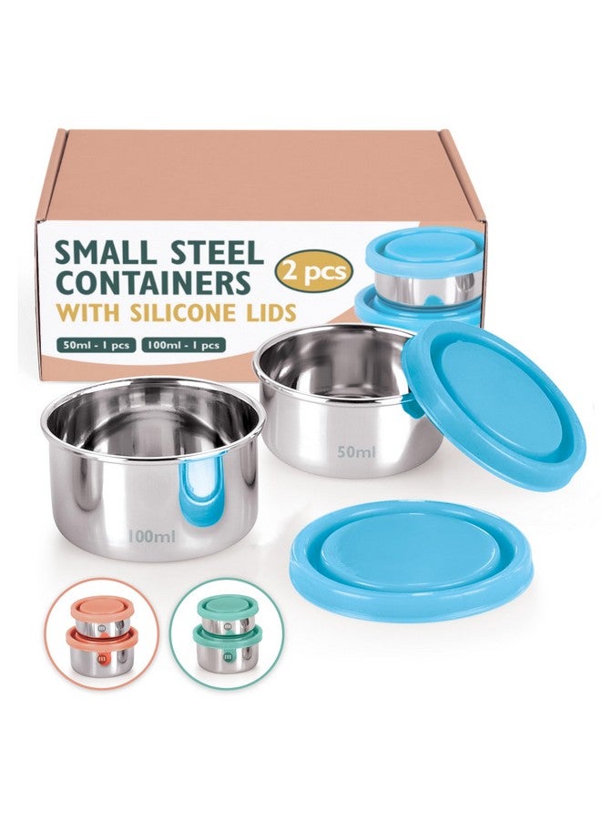 MARU MARU Stainless Steel Chutney Dabba Set 2 with Durable Food-Grade Silicone Lids, Perfect Small Tiffin Boxes for Chutney, Salad, Dips & Pickle, 50ml * 1 pcs & 100ml * 1 pcs, Set of 2 (Blue)  - Image 1