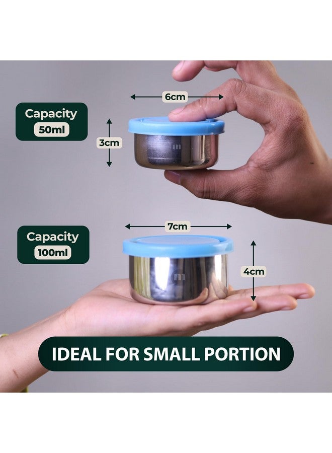 MARU MARU Stainless Steel Chutney Dabba Set 2 with Durable Food-Grade Silicone Lids, Perfect Small Tiffin Boxes for Chutney, Salad, Dips & Pickle, 50ml * 1 pcs & 100ml * 1 pcs, Set of 2 (Blue)  - Image 2
