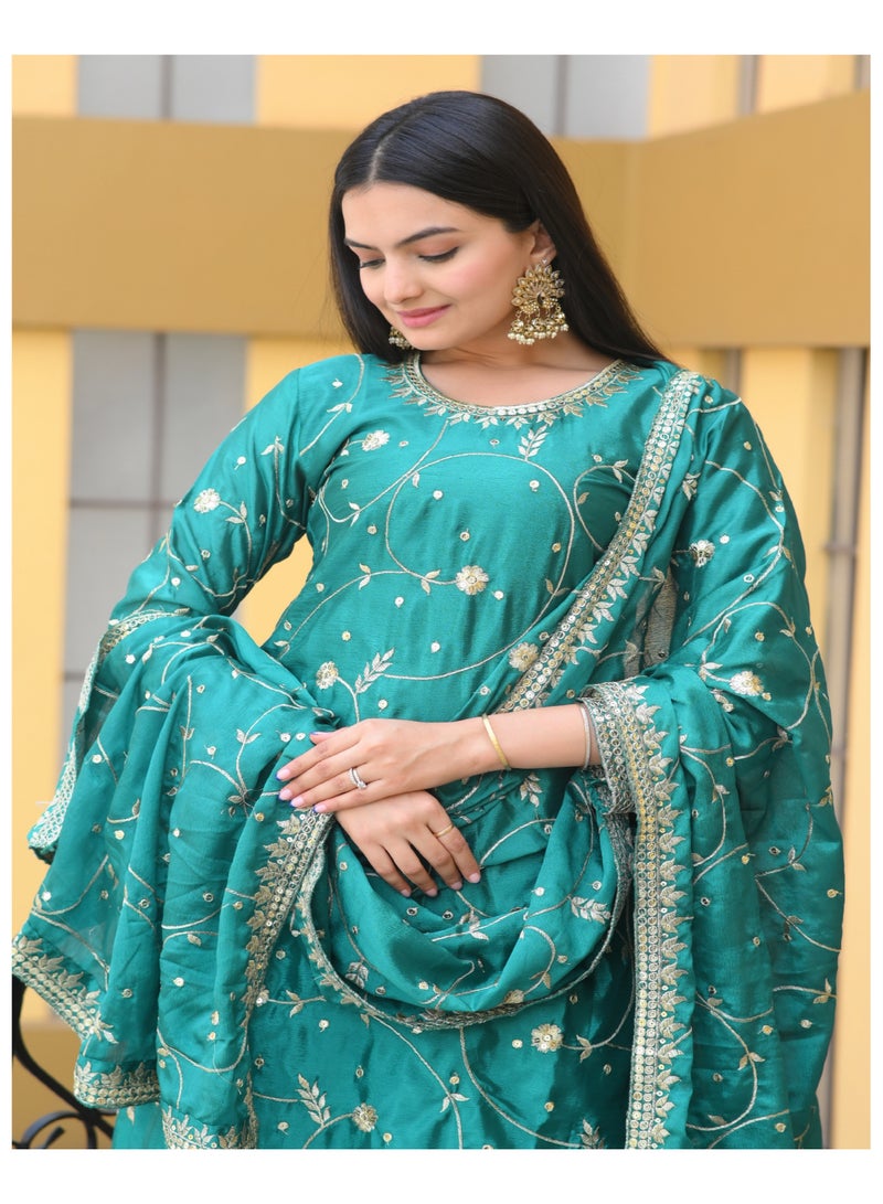 Presenting new peacock designer embroidered Chinnon suit with sequence embroidered work - Image 1